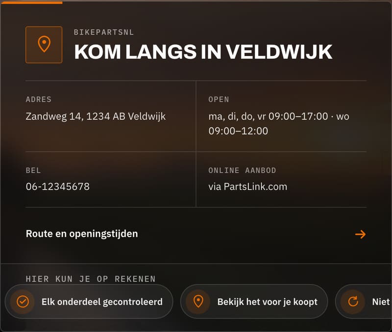 De contactkaart "Kom langs in Veldwijk" van BikePartsNL, met het adres, de openingstijden, het telefoonnummer en een link naar de route.