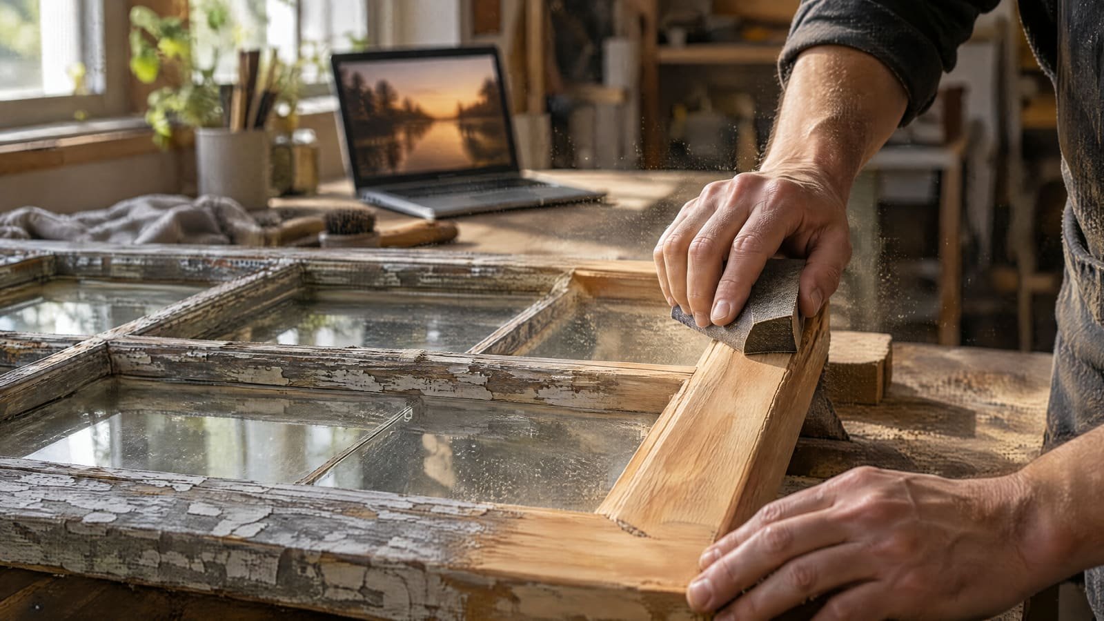 Handen schuren een verweerd houten raamkozijn: de ene helft grijs en afgebladderd, de andere helft fris kaal hout. Op de achtergrond een laptop met een vervaagde, warme foto op het scherm.