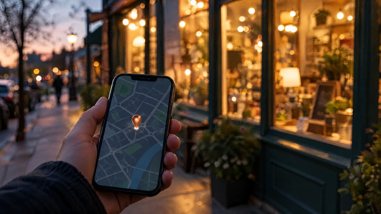 Bij schemer voor een winkel met warm verlichte ramen houdt een hand een smartphone vast met een eenvoudige kaart en één oplichtende koperen locatiepin.