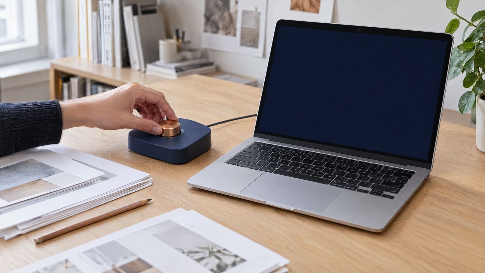 Een hand draait aan een koperen knop op een donkerblauw kastje op een eiken bureau, naast een geopende laptop met een donker scherm en een stapel proefdrukken