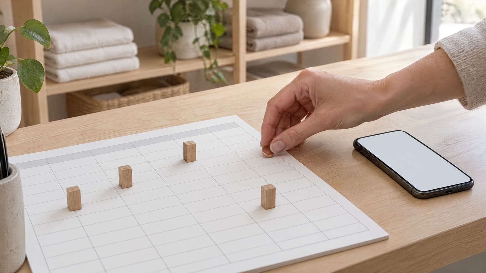 Een hand zet een koperen schijfje op een blanco weekplanner met houten blokjes als tijdsloten, naast een telefoon op een licht houten balie