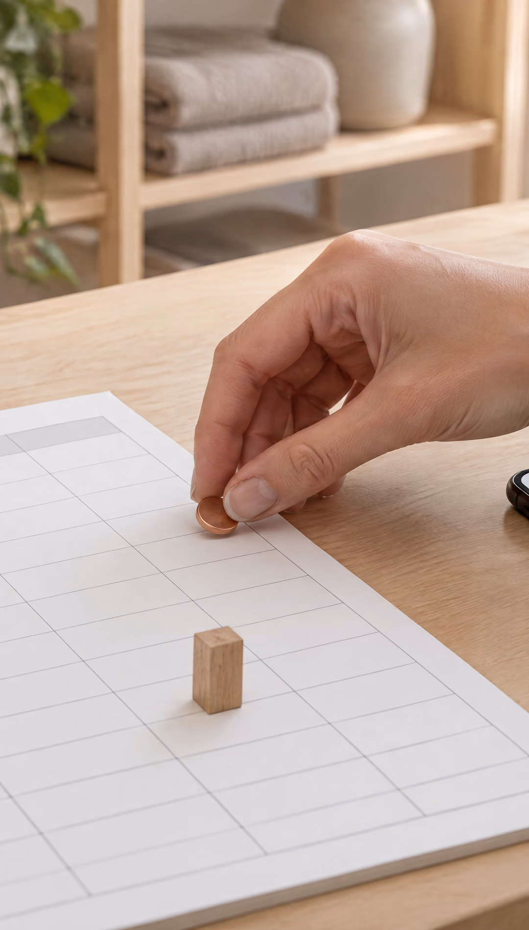 Een hand zet een koperen schijfje op een blanco weekplanner met houten blokjes als tijdsloten, naast een telefoon op een licht houten balie