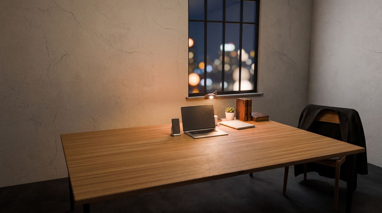Een studio bij nacht: een opengeklapte laptop en een telefoon op een houten bureau onder een koperen bureaulamp, met een raam waarachter vervaagde stadslichten zweven.