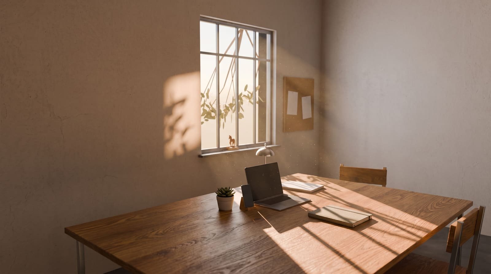 Een eiken bureau met een laptop en telefoon in warm avondlicht, met uitzicht op een raam waar een klein koperen paardje op de vensterbank staat, naast een prikbord met blanco schetsen.