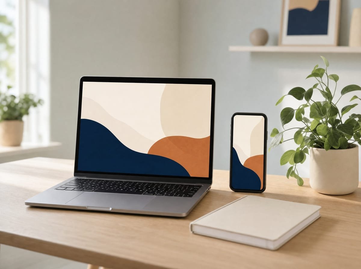 Een laptop en een telefoon naast elkaar op een eiken bureau, beide met dezelfde afgewerkte website, met een plant en een notitieboekje erbij.