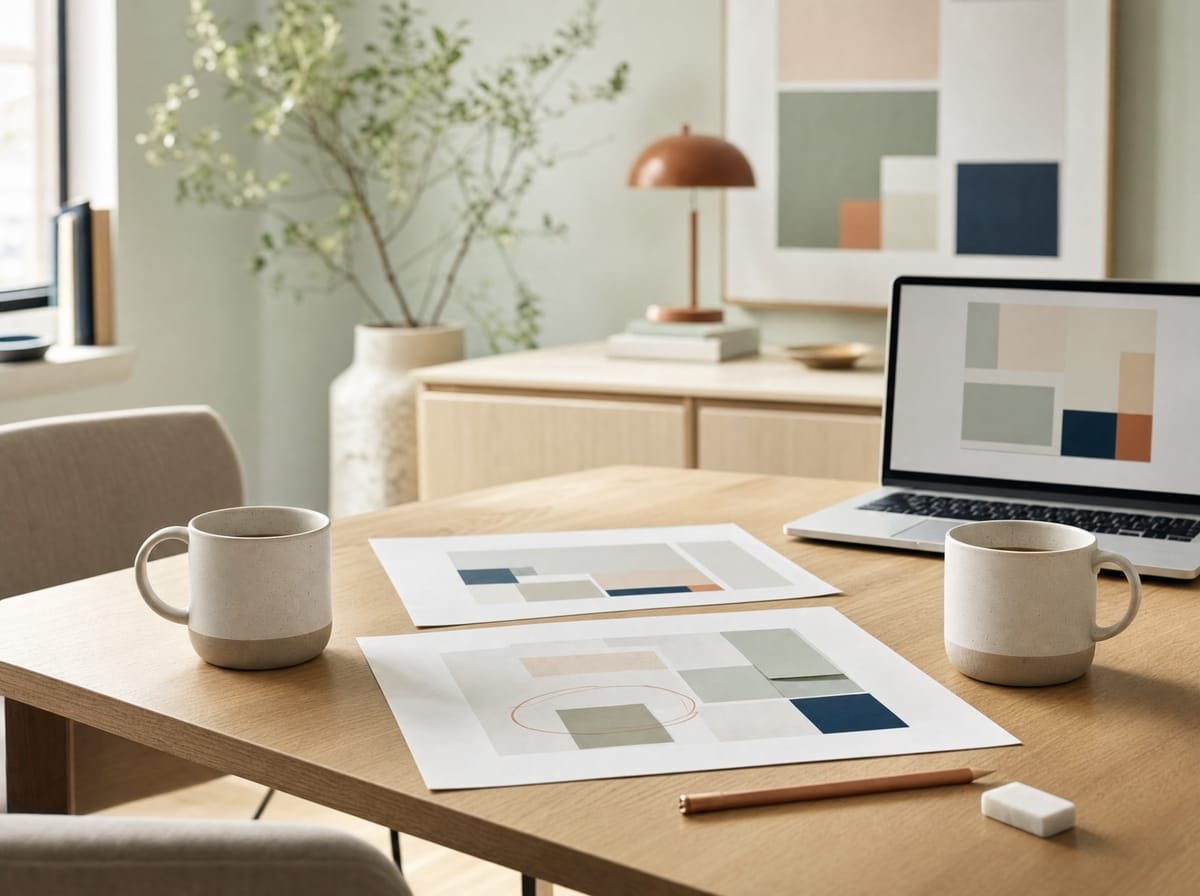 Twee koffiekoppen tegenover elkaar op een eiken tafel, met tussen hen uitgeprinte ontwerpen waarop een koperkleurige potloodcirkel een blok markeert.
