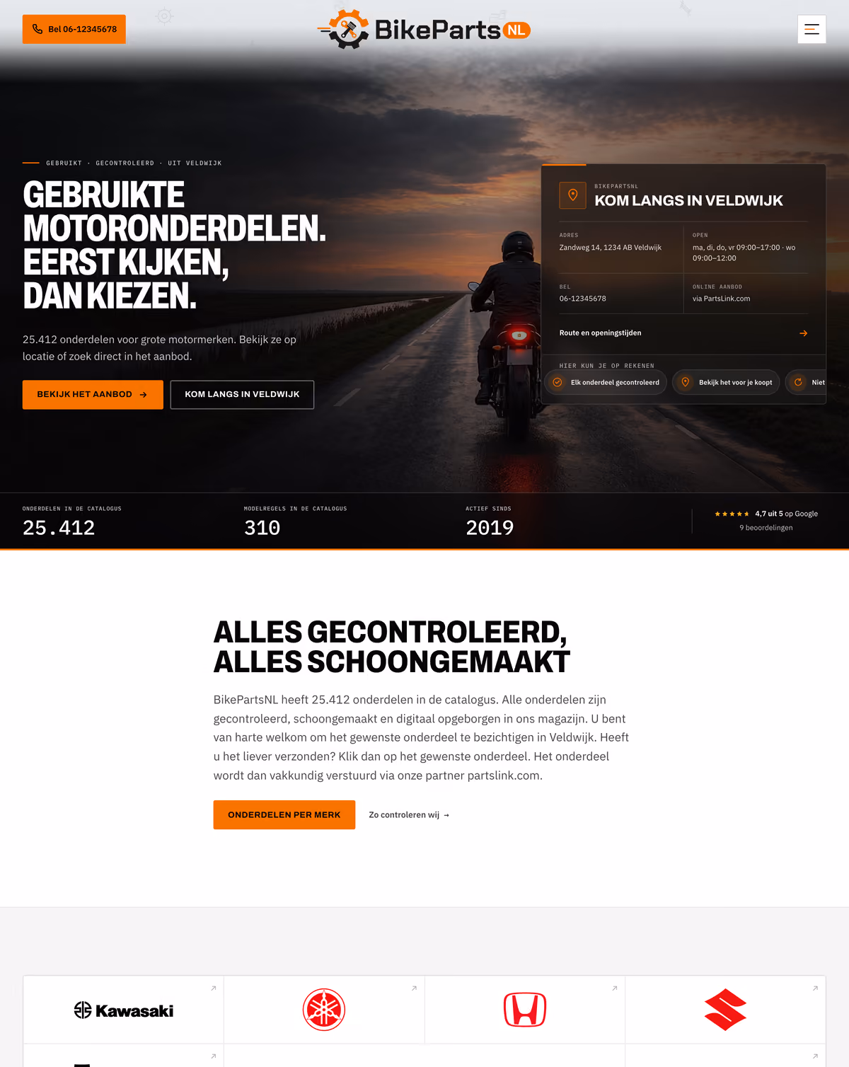 De website van BikePartsNL, die wij ontwierpen en bouwden: de kop "Gebruikte motoronderdelen. Eerst kijken, dan kiezen." naast een motorrijder op een polderweg, met daaronder de sectie "Alles gecontroleerd, alles schoongemaakt".