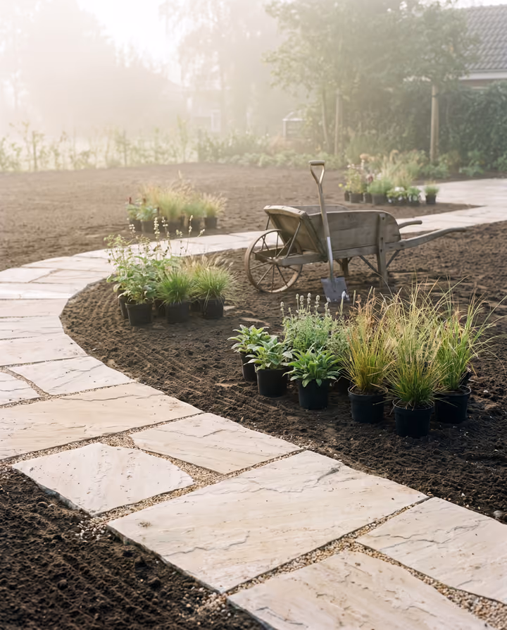 Een tuin in aanleg: een vers gelegd natuurstenen pad, geharkte aarde en jonge planten in kwekerspotten.