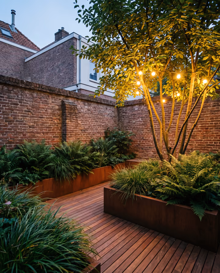 Een kleine stadstuin tussen oude bakstenen muren, met een houten vlonder, cortenstalen bakken en lichtjes in de schemering.